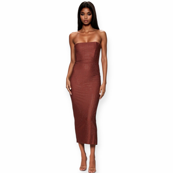 Nookie Adriana Midi Dress Brown Rhinestone Strapless Jersey Bodycon Size XS NWT - Picture 4 of 7